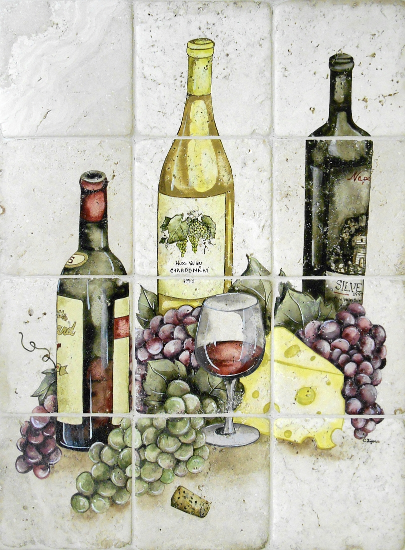 Irresistible Wine and Grapes Tile Mural, 18"x24"
